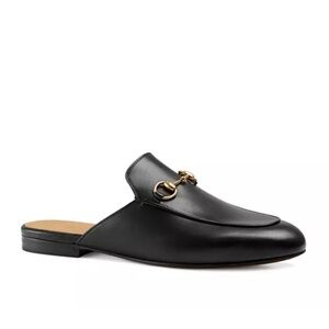 Gucci Princetown Black Leather Slipper Loafers with Gold Detail